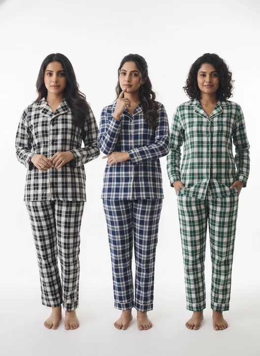 Checked cotton night suits in black, navy and green made by Nazir Textile