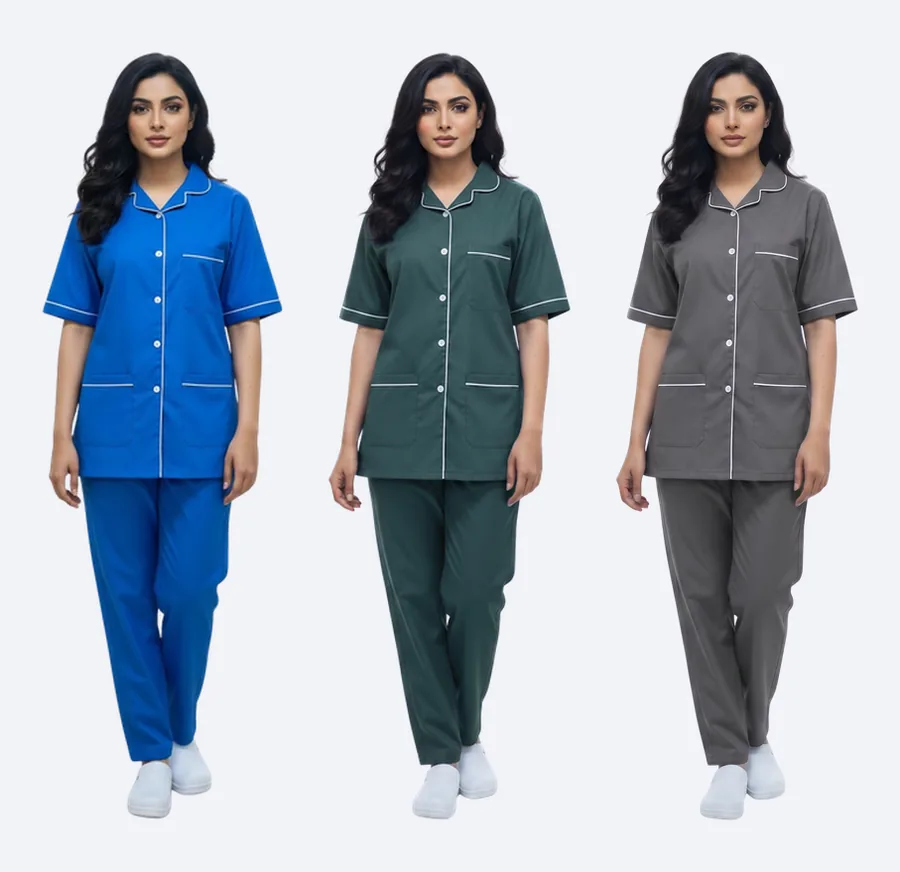 Button-down medical scrub sets in blue, green and grey