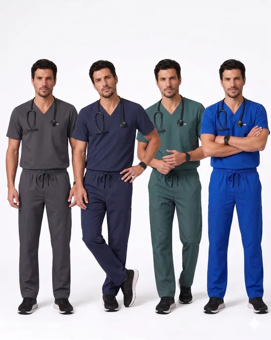 Men's V-neck medical scrubs in grey, navy, green and blue