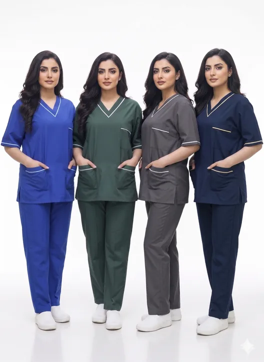 Women's medical scrubs in royal blue, green, grey and navy made by Nazir Textile